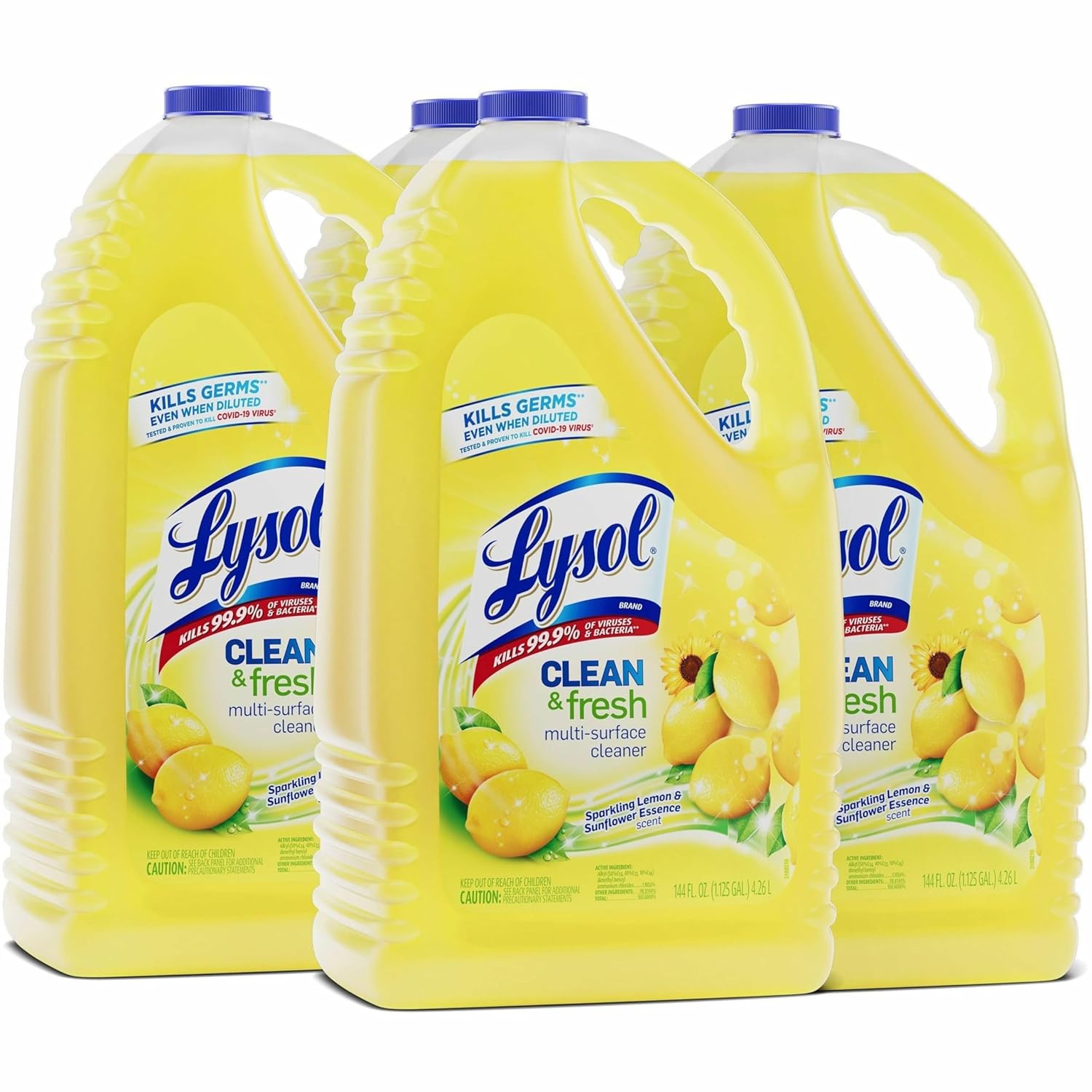 Lysol Multi-Surface Cleaner, Sanitizing and Disinfecting Pour, to Clean and Deodorize, Sparkling Lemon and Sunflower Essence, 144 Fl Oz (Pack of 4)