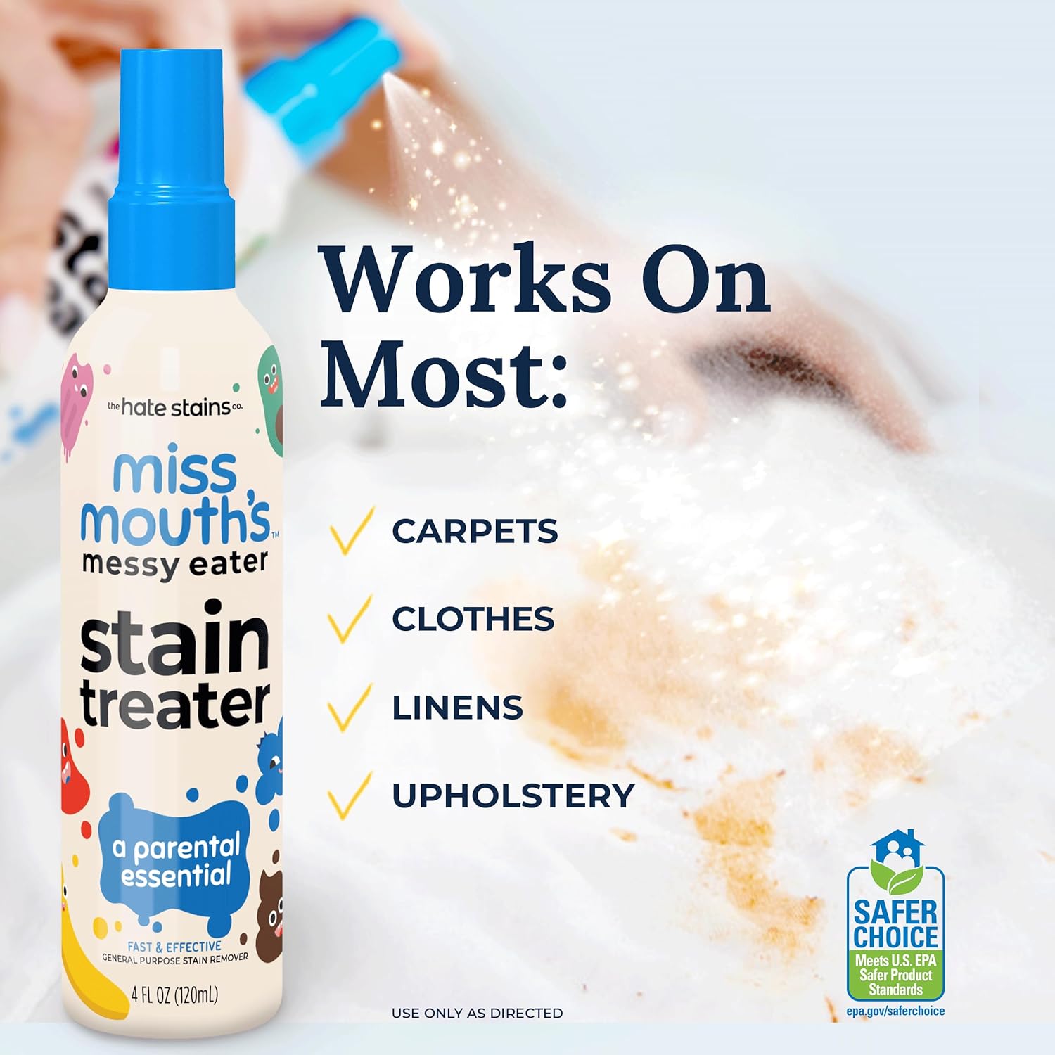 Miss Mouth's Messy Eater Stain Treater Spray - 4oz Stain Remover - Newborn & Baby Essentials - No Dry Cleaning Food, Grease, Coffee Off Laundry, Underwear, Fabric