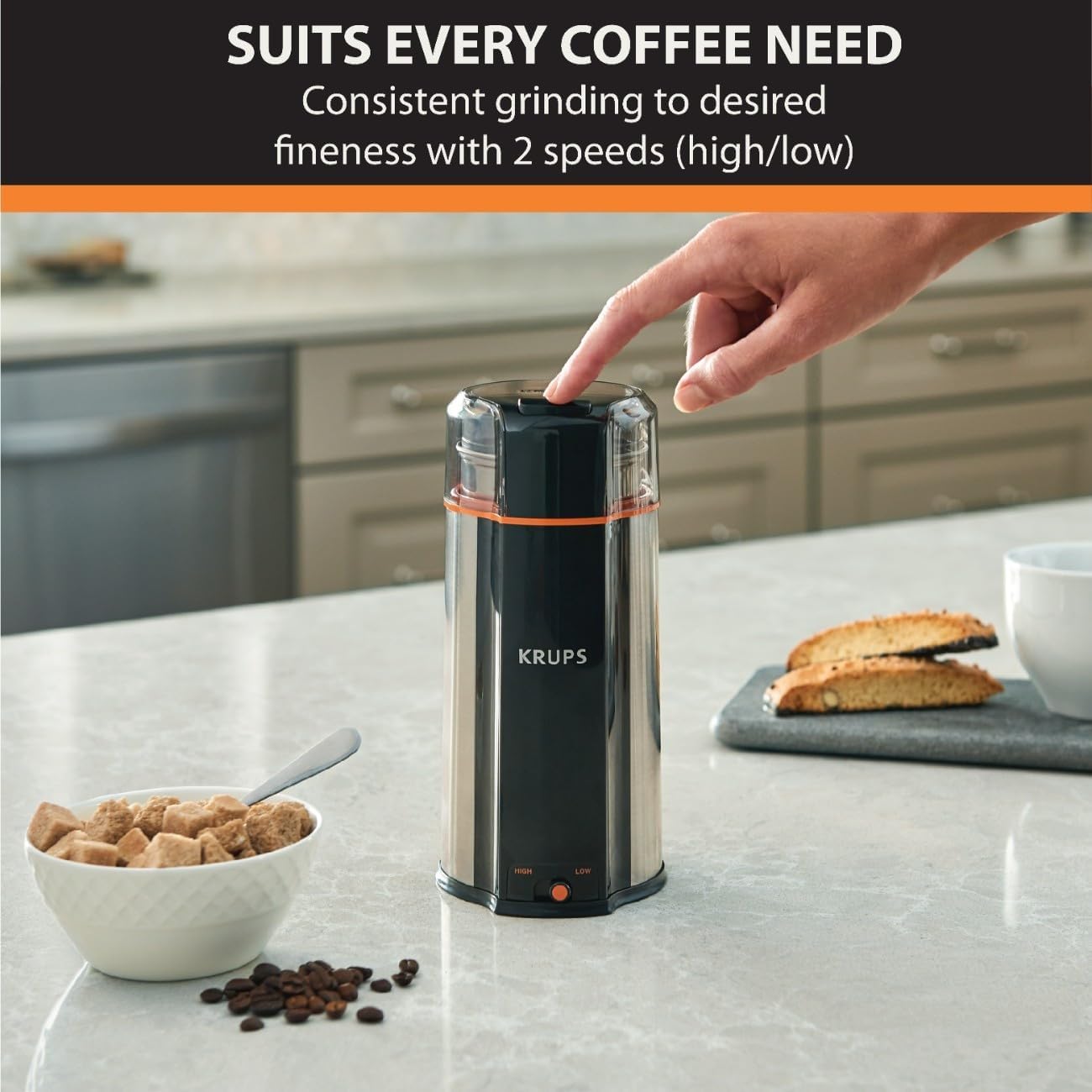 Krups One-Touch Coffee and Spice Grinder 3 Ounce Bean Hopper Easy to Use, One Touch Operation 200 Watts Coffee, Spices, Dry Herbs, Nuts, 12 Cup Black