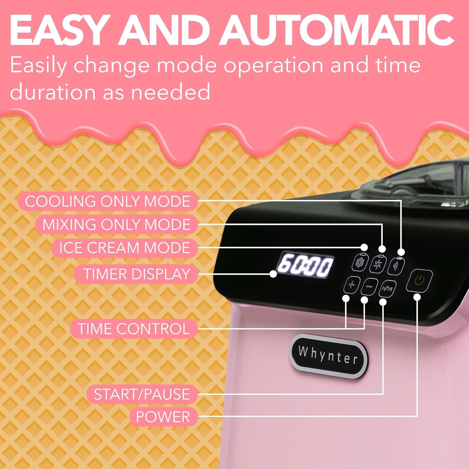 Whynter Ice Cream Maker Machine Automatic 2.1 Qt. upright with Built-in Compressor, LCD Digital Display & Timer, No Pre-Freezing, ICM-201SB, Stainless Steel