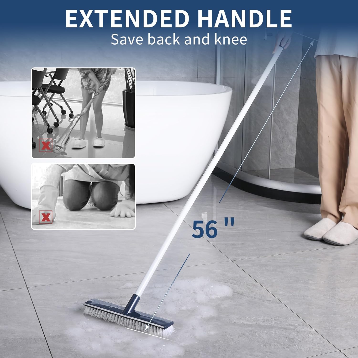 BOOMJOY Floor Scrub Brush with Long Handle, 2 in 1 Scrape and Brush, Stiff Bristles Floor Scrubber, Deck Brush for Cleaning Bathroom, Patio, Garage, Kitchen, Bath, Tile