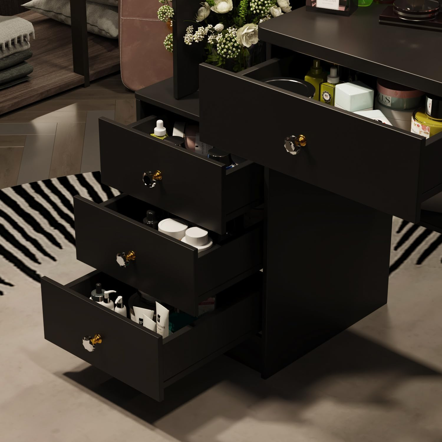 PREMTURE Dressing Table with LED Lighting, Cosmetic Table with Open Shelf and 4 Drawers, Dressing Table with Stool, Dressing Tables, Large Storage Space, MDF, 90 W x 40 D x 135 H cm