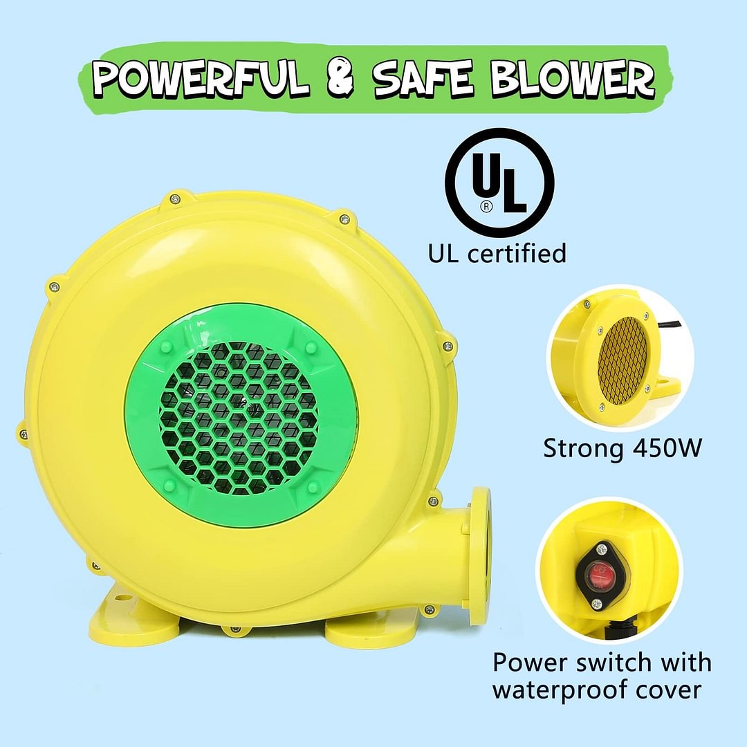 Kids Outdoor Inflatable Bouncers Water Slide Pool with Long Slide Climbing Wall, Including Stakes (with 450W Air Blower)