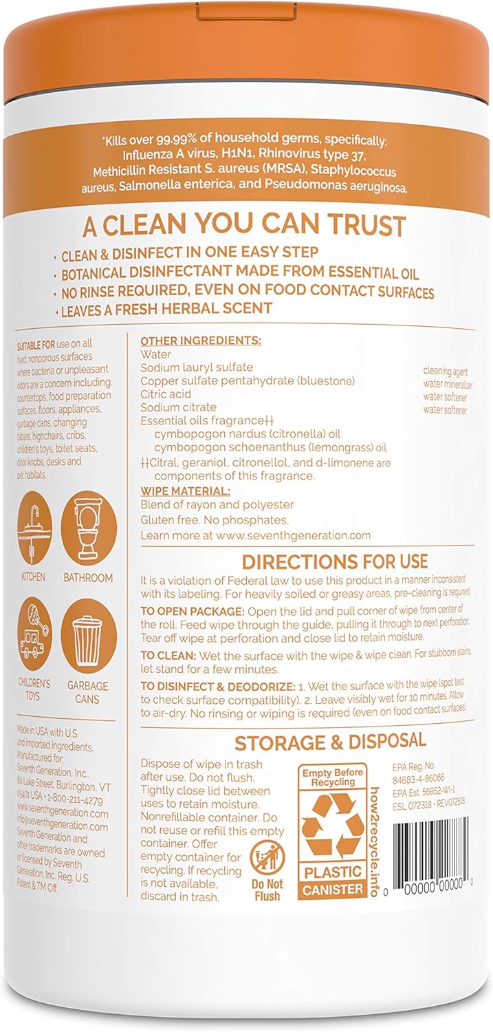 Seventh Generation Disinfecting Multi-Surface Wipes, Pack of 3, Lemongrass Citrus, 70 Count