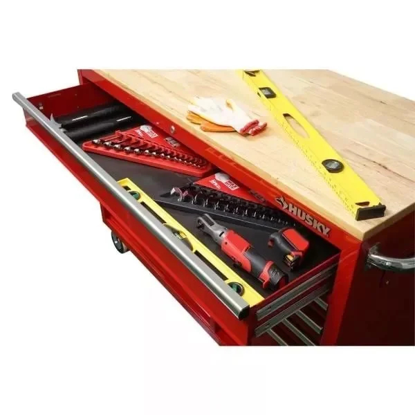 52 inches. 24 inches wide. D 9 drawer bright red mobile workbench