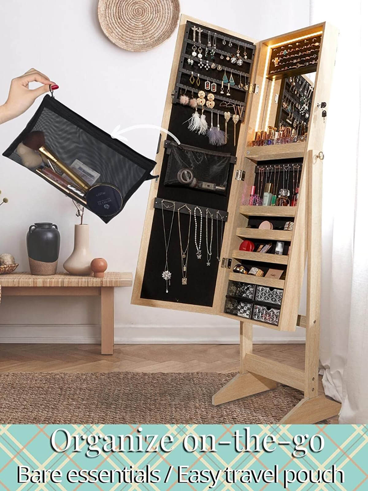 Stella 6 Standing Jewelry Armoire Full Length Mirror With Built-in Lights – Natural