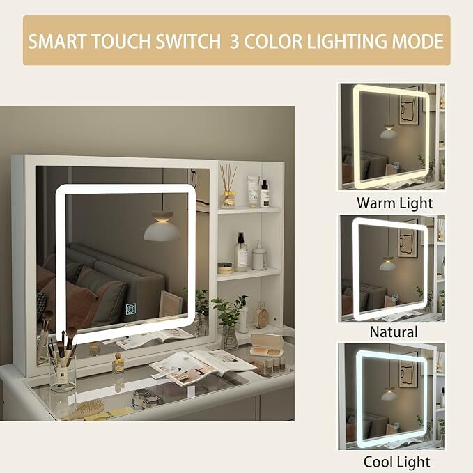 Christmas promotion, Vanity Desk Set Makeup Table with Large Sliding Lighted Mirror & Glass Top, Modern Dressing Table with Drawers, Storage Shelves & Stool for Bedroom