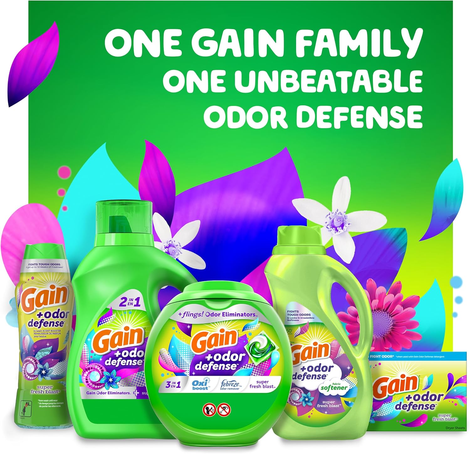 Gain + Odor Defense Dryer Sheets, Super Fresh Blast Scent Fabric Softener Sheets, 240 ct