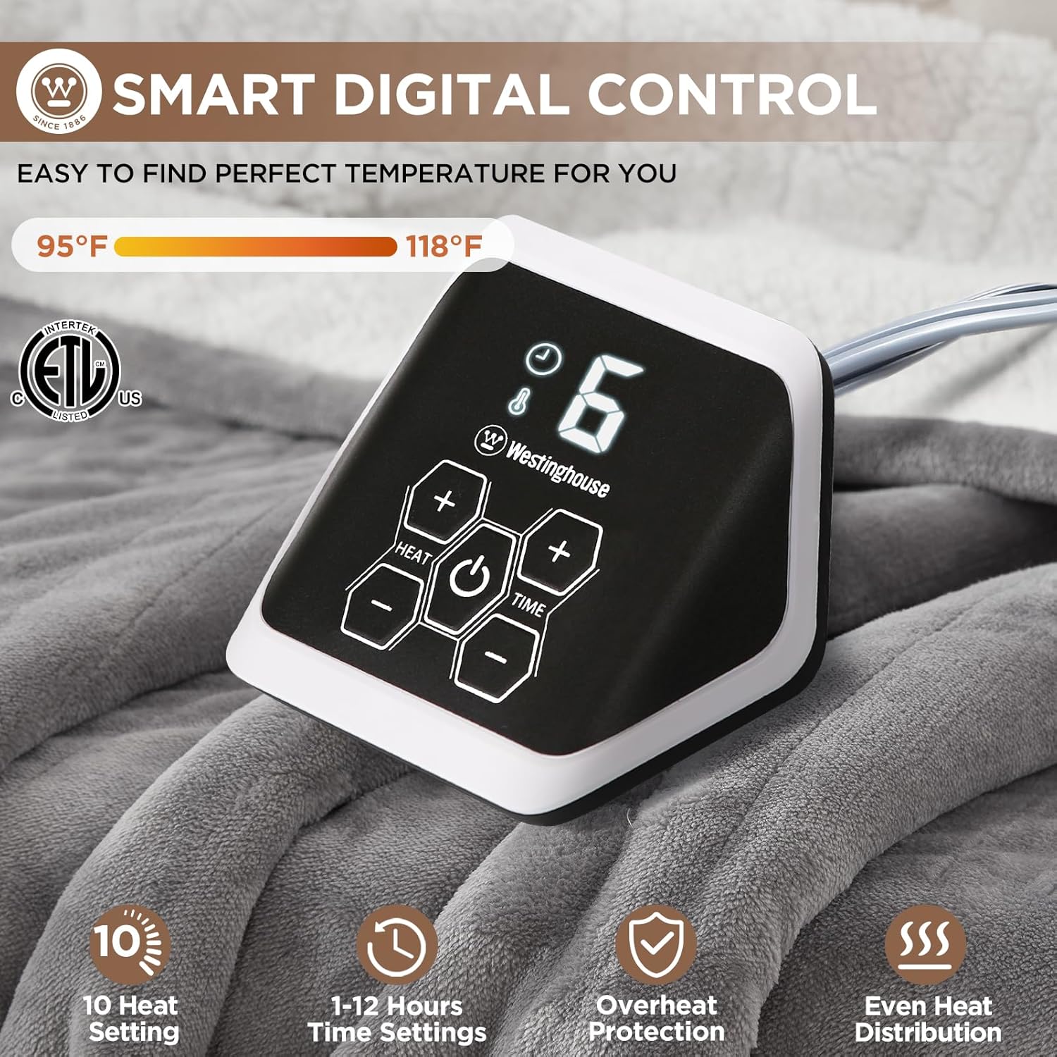 Westinghouse Heated Throw Blanket, Soft Flannel to Sherpa Electric Throw with 6 Heating Levels, 2-10 Hours Time Settings, Fast Heating, Machine Washable 50x60 Inch, Charcoal