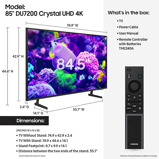 [2025 Best Choice + Free Shipping]SAMSUNG 85-Inch Class Crystal UHD 4K DU7200 Series HDR Smart TV w/Object Tracking Sound Lite, PurColor, Motion Xcelerator, Mega Contrast, Q-Symphony (UN85DU7200, 2024 Model)