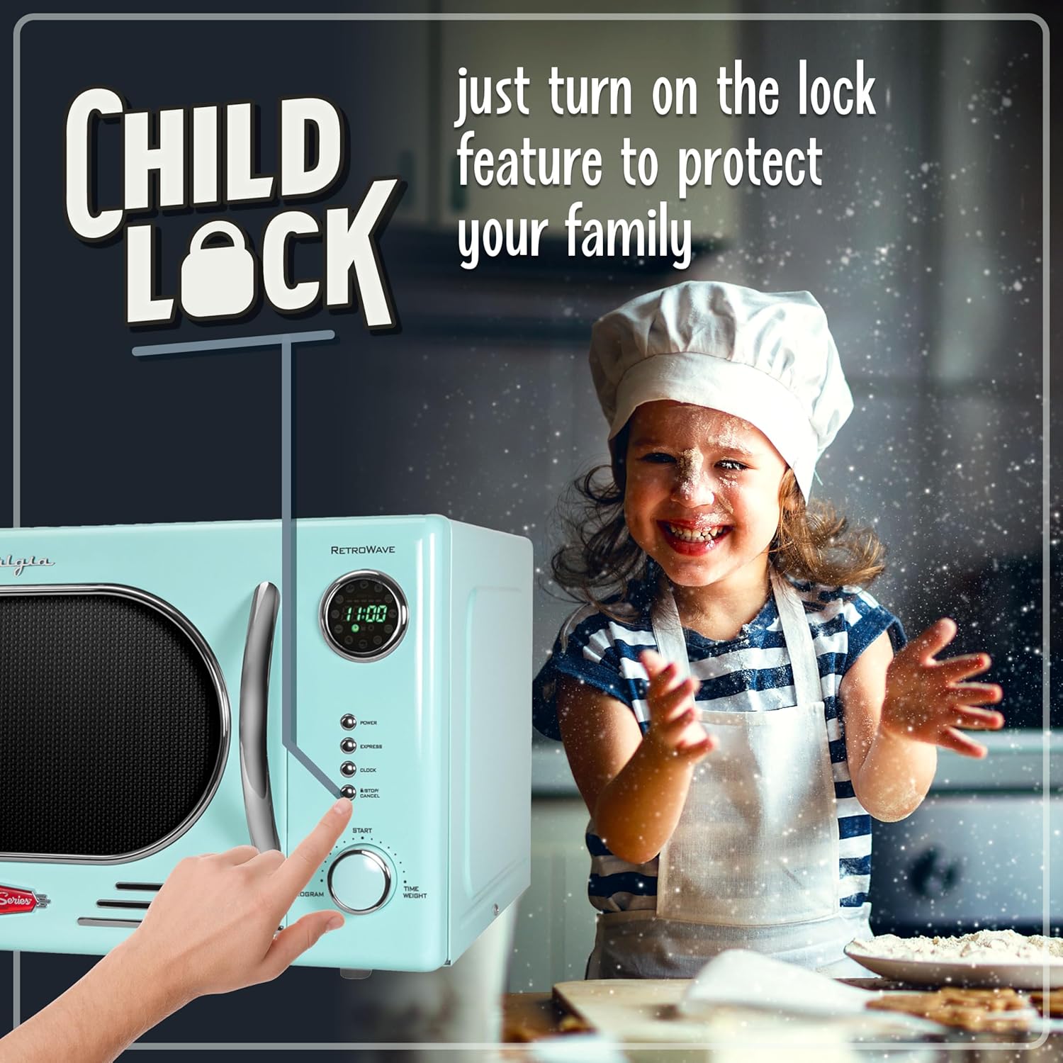 Nostalgia Retro Compact Countertop Microwave Oven - 0.7 Cu. Ft. - 700-Watts with LED Digital Display - Child Lock - Easy Clean Interior - Aqua