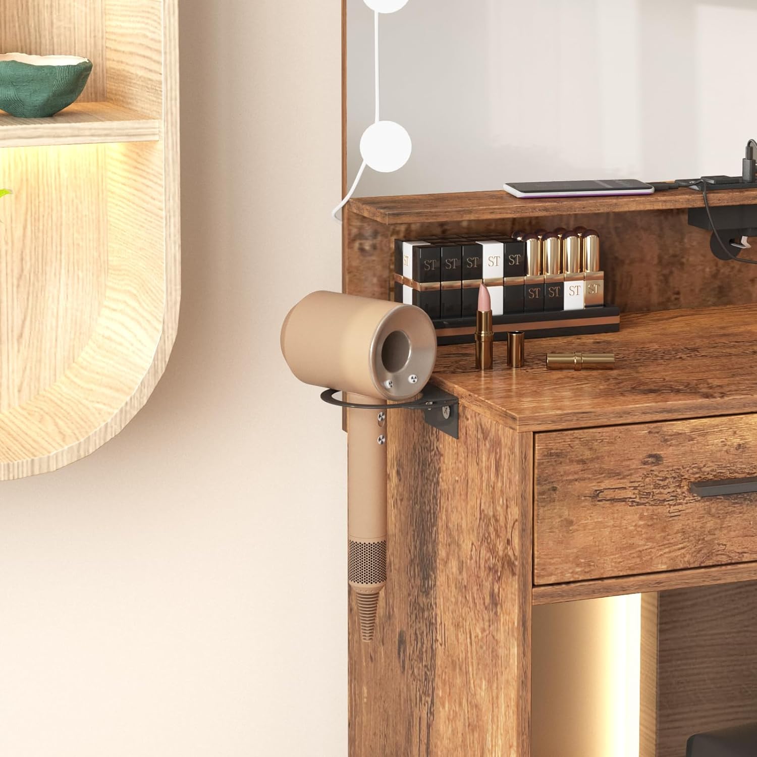 Maupvit Vanity Desk with Mirror and Lights, White Vanity with Bedside Table, 5 Drawers Large Capacity, Metal Silver Handle, Makeup Vanity with 10 Led Lights And Charging Station