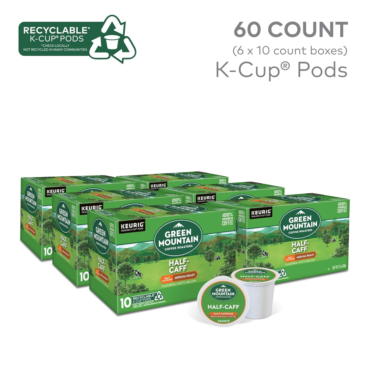 Green Mountain Coffee Roasters Half Caff Keurig Single-Serve K-Cup pods, Medium Roast Coffee, 72 Count (6 Packs of 12)