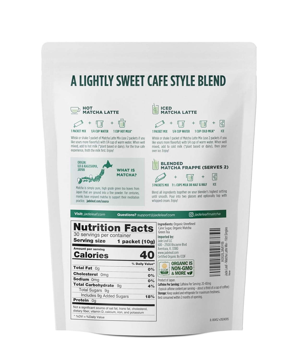 Jade Leaf Matcha Organic Café Style Sweetened Matcha Latte Premium Barista Crafted Mix - Original - Authentically Japanese (5.3 Ounce Pouch)