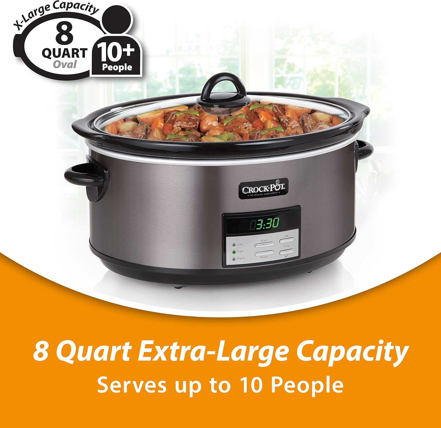 Crock-Pot Large 8-Quart Programmable Slow Cooker with Auto Warm Setting, Black Stainless Steel (Pack of 1)