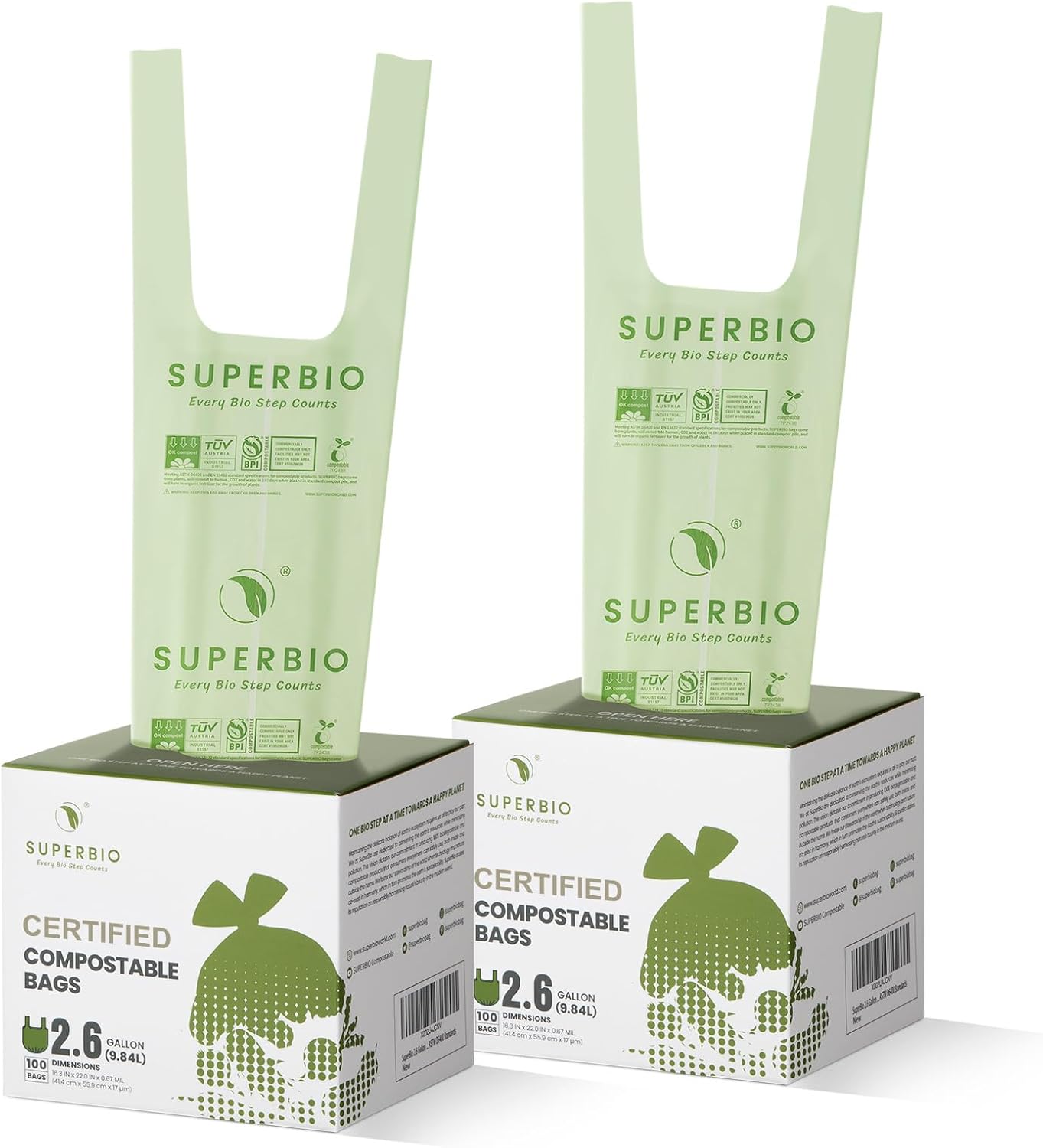 SUPERBIO 1.6 Gallon Handle Tie Compostable Food Scrap Bags For Counter Top Compost Bin, Small Compost Bags, 50 Count, 6 Liter, BPI & OK compost INDUSTRIAL Certified