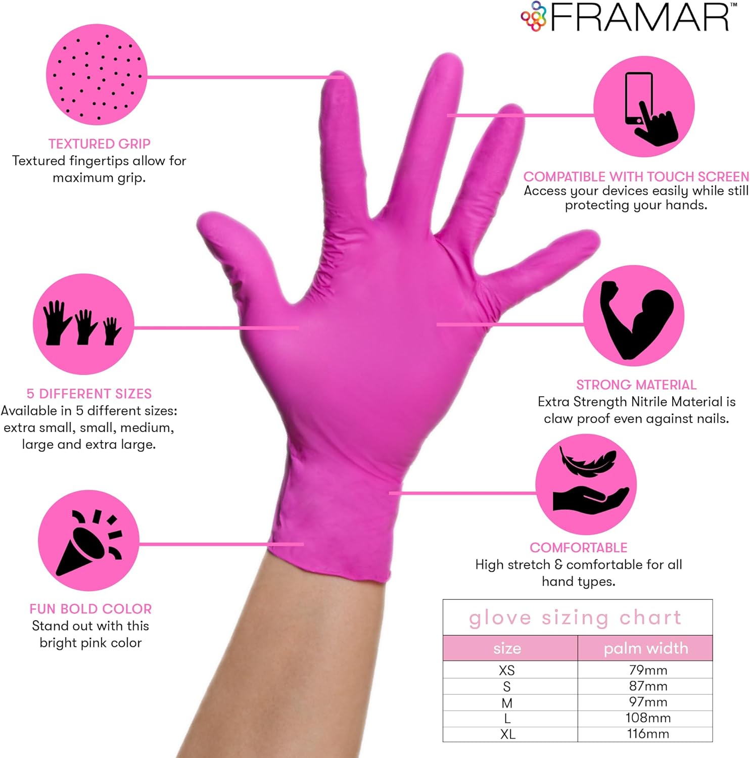 FRAMAR Pink Gloves Disposable Latex Free – Pink Nitrile Gloves Medium, Latex Free Gloves Medium, Plastic Gloves Disposable, Guantes de Nitrilo, Cleaning Gloves Medium, Non Latex Gloves