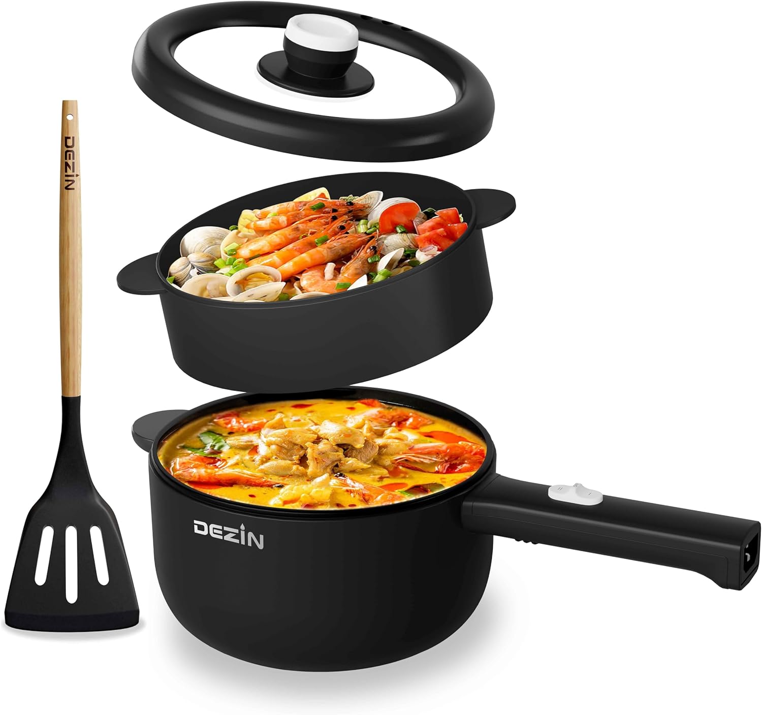 Dezin Electric Cooker, 2L Non-Stick Sauté Pan, Rapid Noodles Cooker, Mini Pot for Ramen with Power Adjustment, Dorm Room Essential (Egg Rack Included)