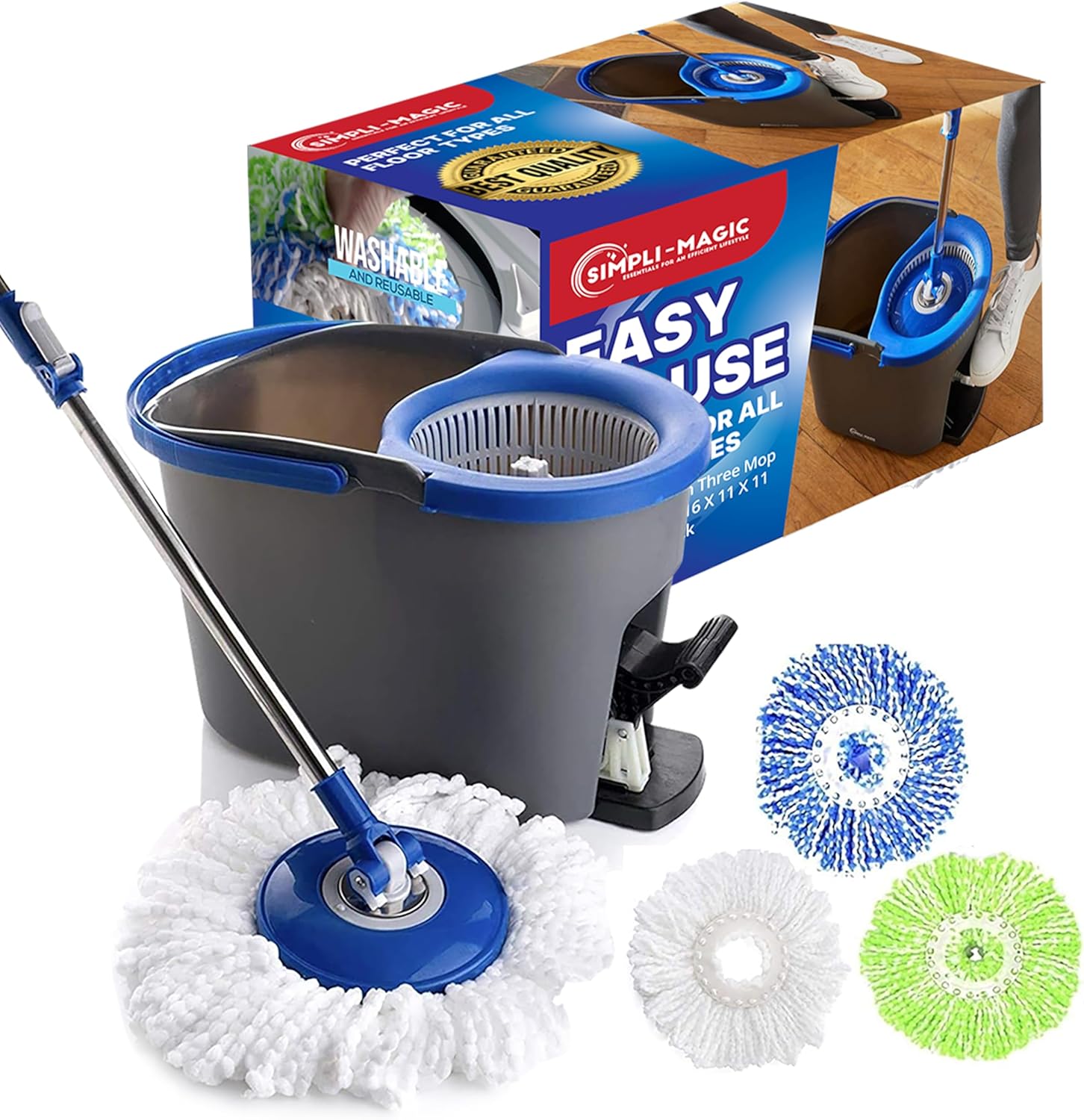 SIMPLI-MAGIC 79349 Spin Mop Cleaning System with 3 Microfiber Mop Heads, Red/GRAY,Red/Black