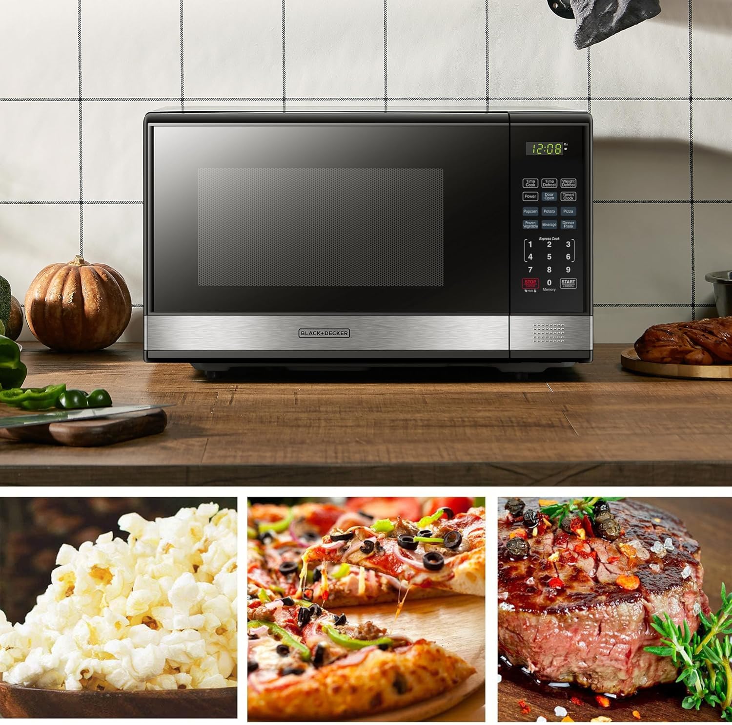 BLACK+DECKER EM720CB7 Digital Microwave Oven with Turntable Push-Button Door, Child Safety Lock, 700W, Stainless Steel, 0.7 Cu.ft