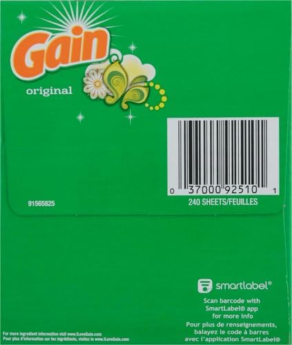 Gain Dryer Sheets, 240 Count, Original Scent Laundry Fabric Softener Sheets with 2-in-1 Aromaboost Plus Softness