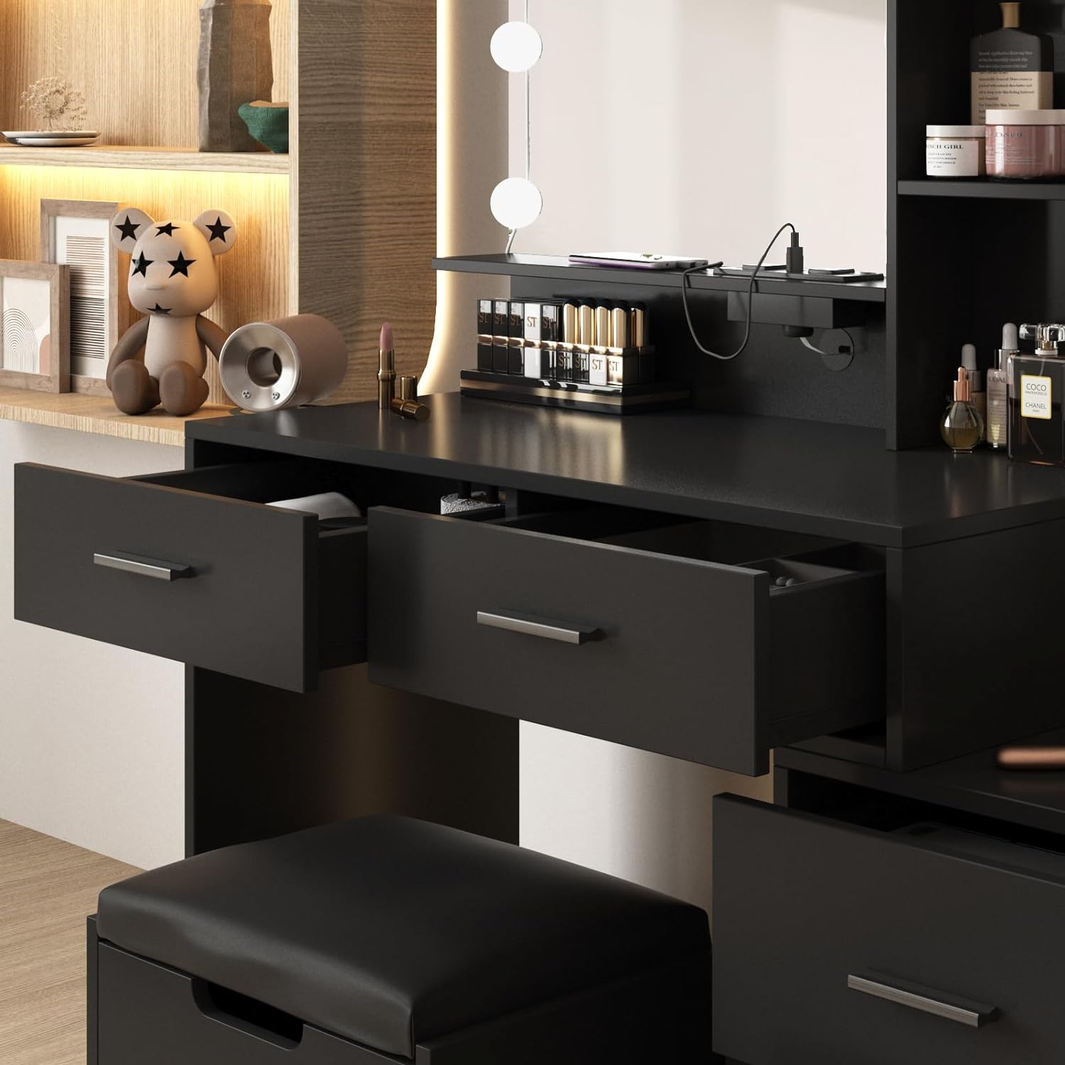 Maupvit Vanity Desk with Mirror and Lights, White Vanity with Bedside Table, 5 Drawers Large Capacity, Metal Silver Handle, Makeup Vanity with 10 Led Lights And Charging Station