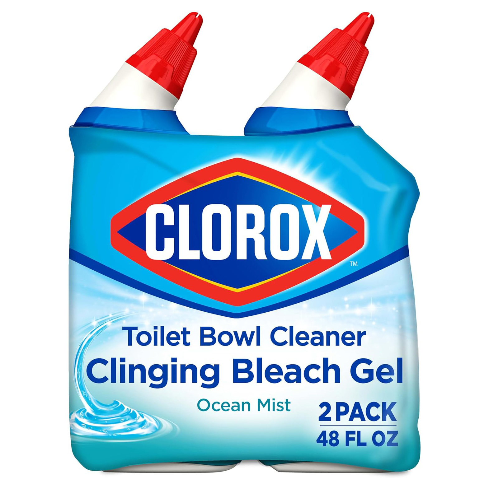 Clorox Toilet Bowl Cleaner, Clinging Bleach Gel, Ocean Mist - 24 Ounces, Pack of 2
