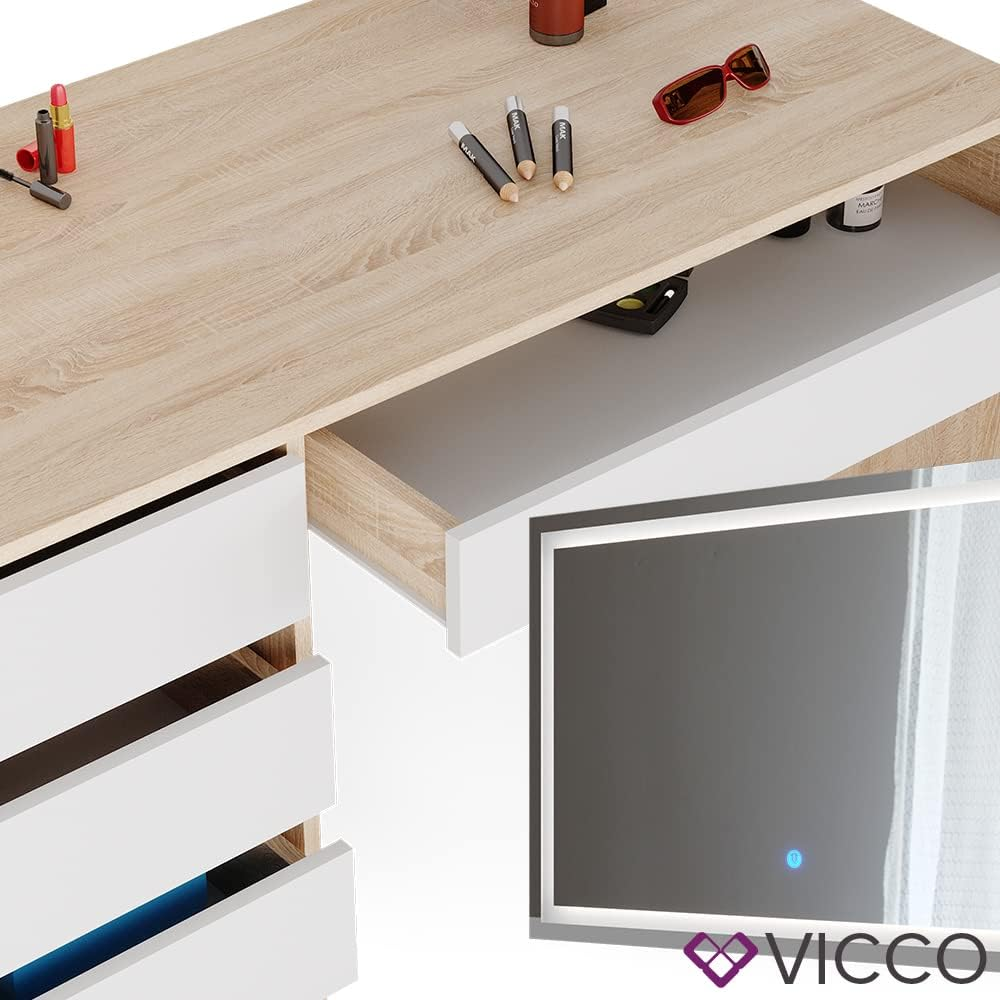 Vicco Sherry Dressing Table Sonoma / White 120 cm with LED Mirror and Stool