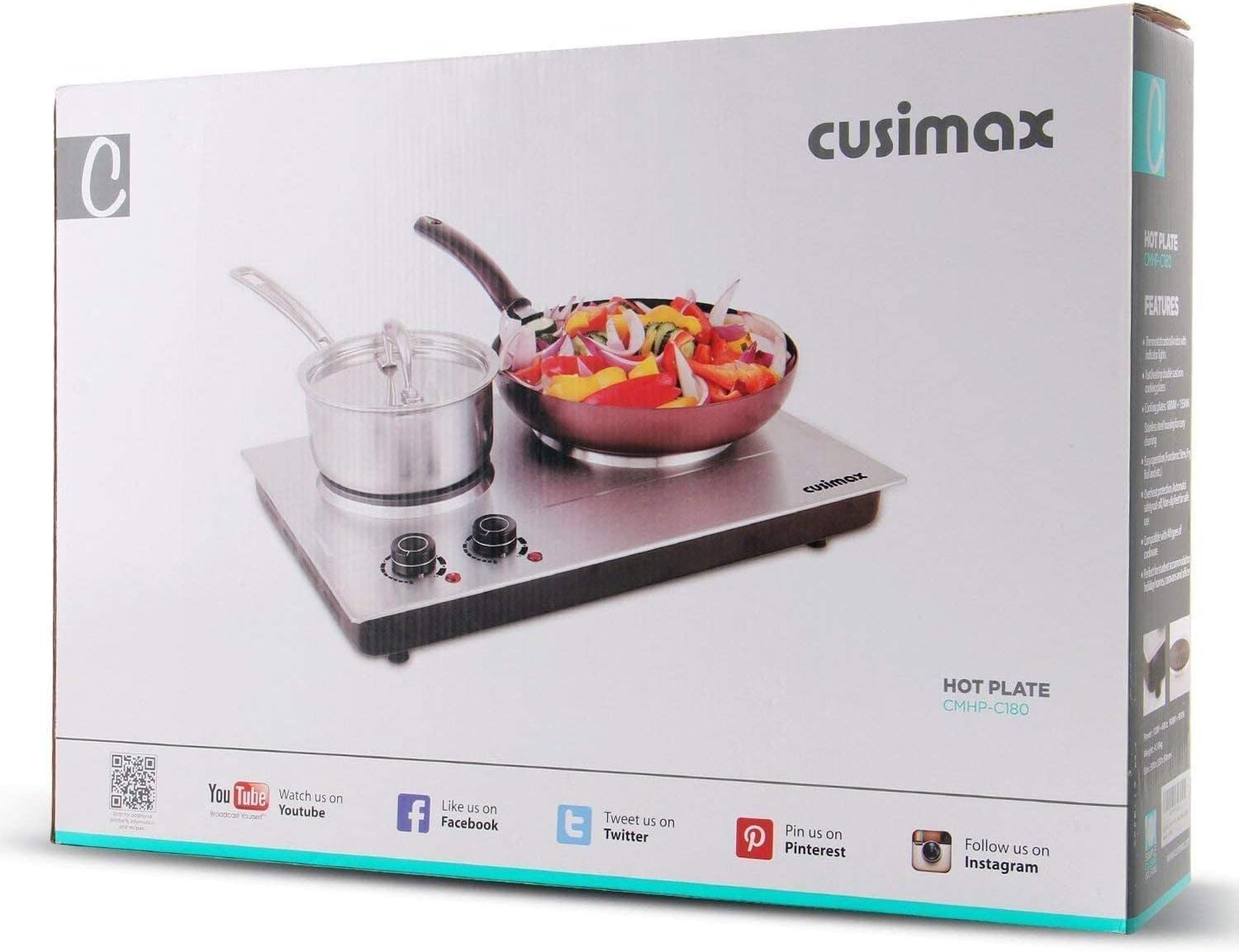 CUSIMAX 1800W Ceramic Electric Hot Plate for Cooking, Dual Control Infrared Cooktop, Double Burner, Portable Countertop Burner, Glass Plate Electric Cooktop, Silver, Stainless Steel-Upgraded Version