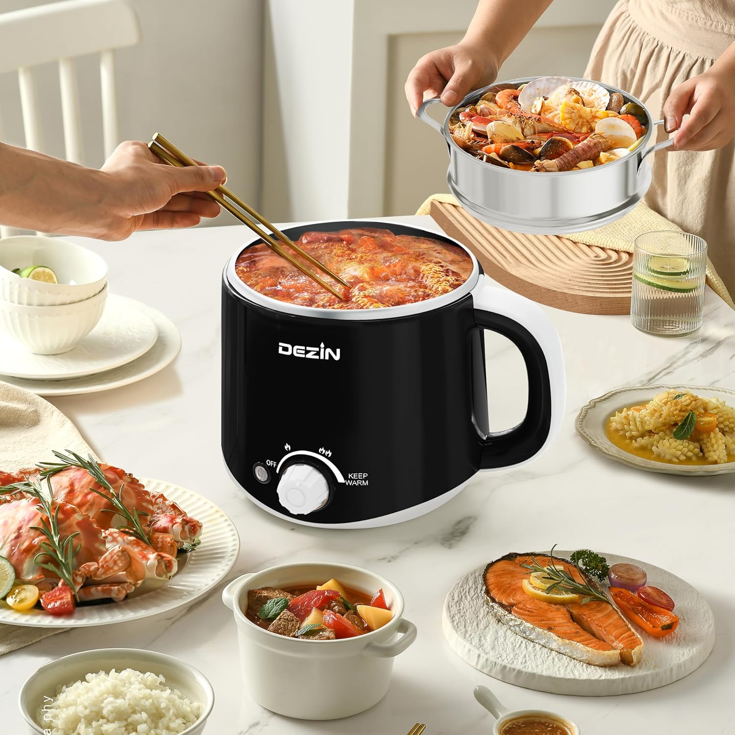 Dezin Electric Pot, 1.6L Ramen Cooker, Hot Pot Electric Stainless Steel, Multifunctional Electric Cooker for Egg, Pasta, Soup, Porridge, Oatmeal with Temperature Control and Keep Warm Function