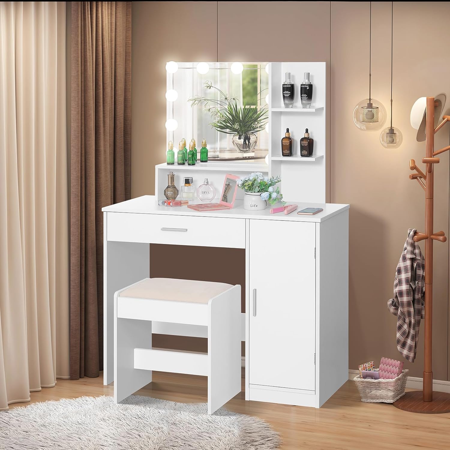 usikey Makeup Vanity Desk , Vanity Mirror with Lights and Table Set with Drawer, Cabinet & 3 Shelves, Makeup Vanity Set with 3 Lighting Modes Brightness Adjustable for Bedroom, White