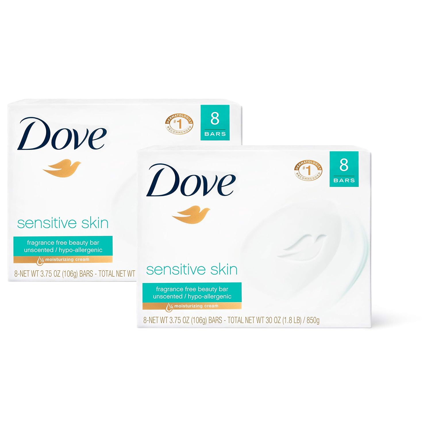 Dove Beauty Bar More Moisturizing Than Bar Soap for Softer Skin, Fragrance-Free, Hypoallergenic Beauty Bar Sensitive Skin With Gentle Cleanser 3.75 oz 14 Bars
