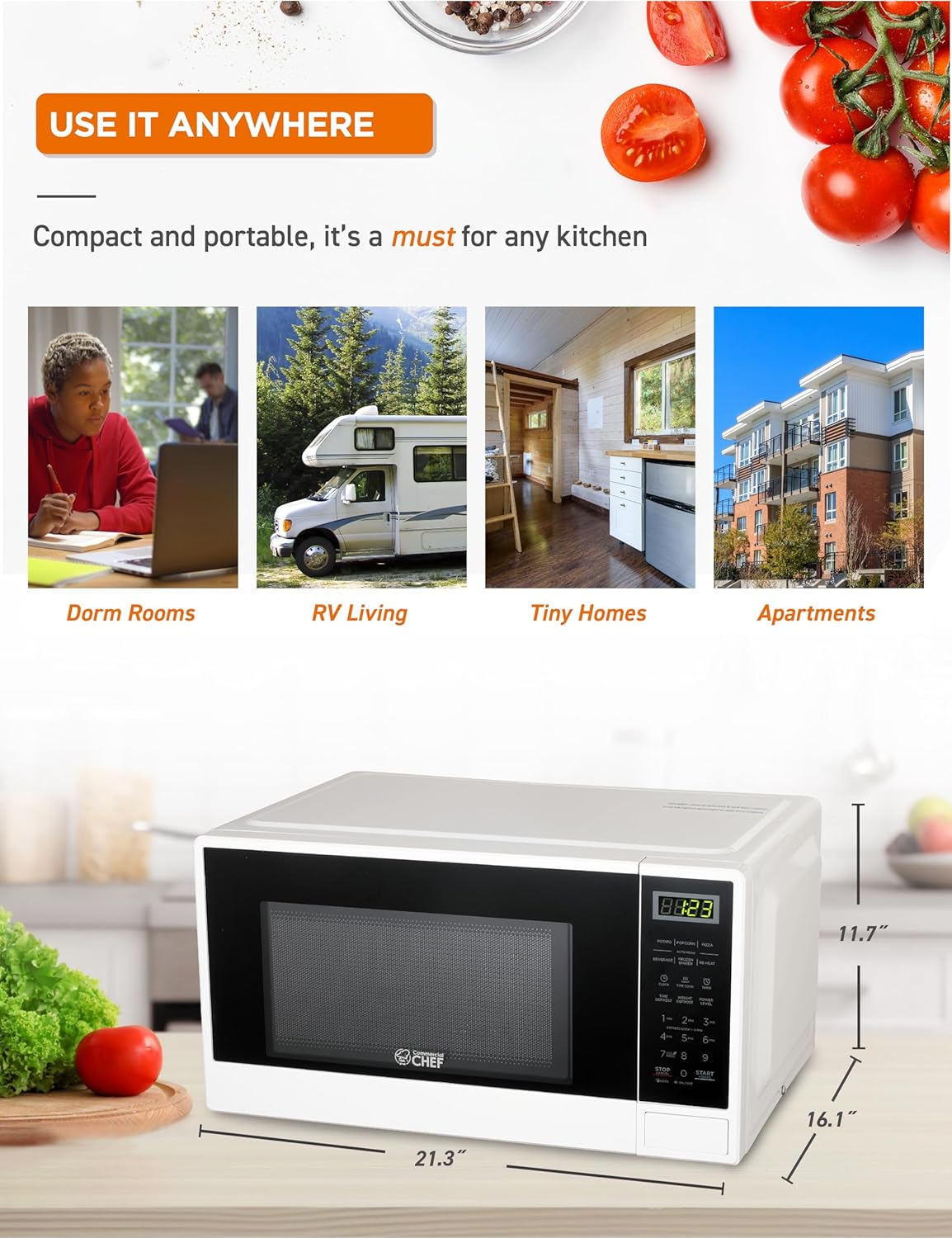 COMMERCIAL CHEF 0.6 Cubic Foot Microwave with 6 Power Levels, Small Microwave with Grip Handle, 700W Countertop Microwave with 30 Minute Timer and Mechanical Dial Controls, White