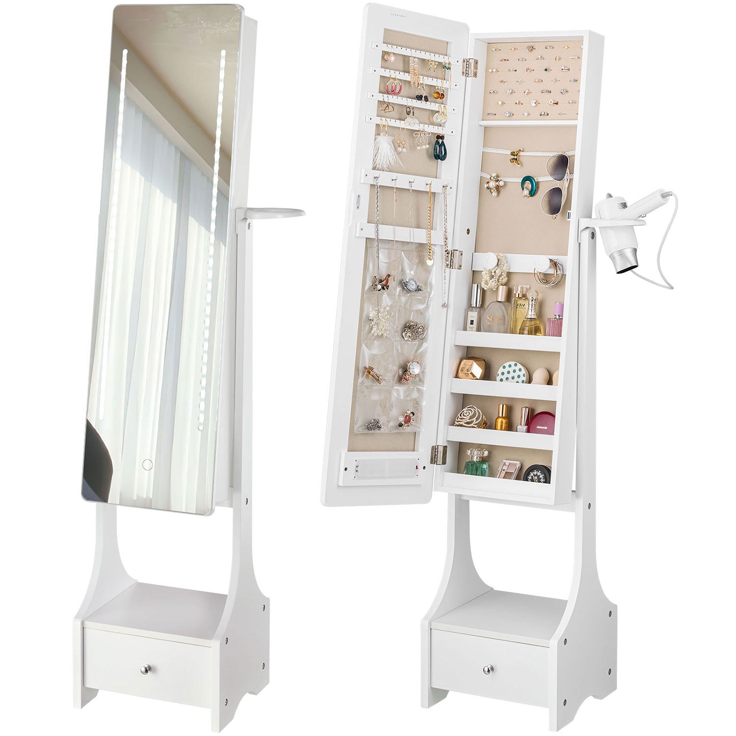 Joyce 9 Full Length LED Mirror Jewelry Armoire - White
