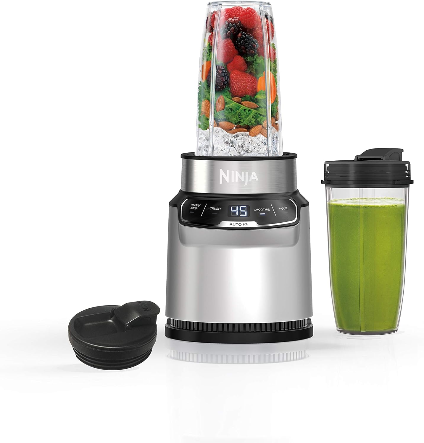 Ninja BN301 Nutri-Blender Plus Compact Personal Blender, 900-Peak-Watt Motor, Frozen Drinks, Smoothies, Sauces & More, (3) 20 oz. To-Go Cups, (2) Spout-Lids (1) Storage-Lid, Dishwasher Safe, Silver