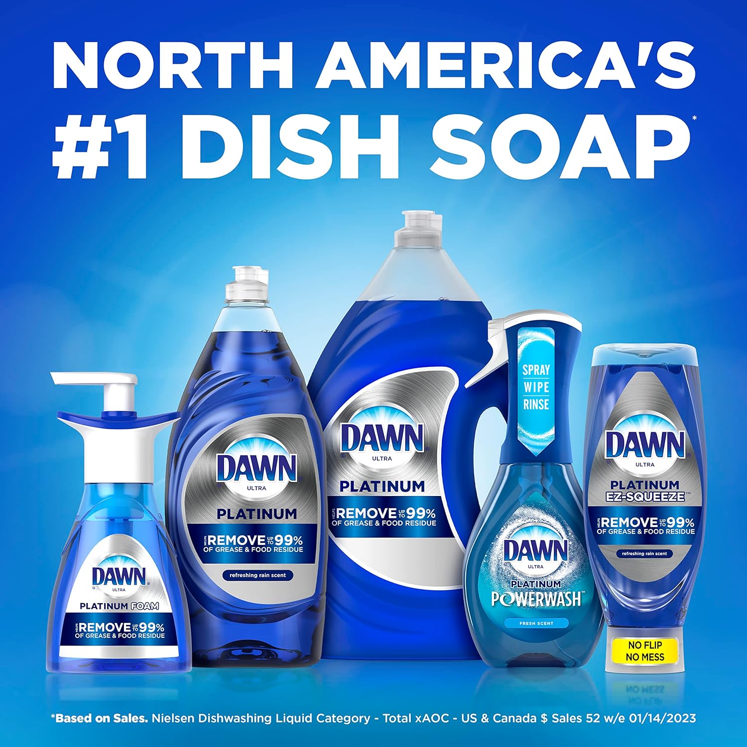 Dawn Dish Soap Squeeze Bottle, EZ-Squeeze Platinum Dish Soap Liquid+Non-Scratch Sponges for Dishes,Refreshing Rain,Includes 3x18oz Bottles+2 Sponges