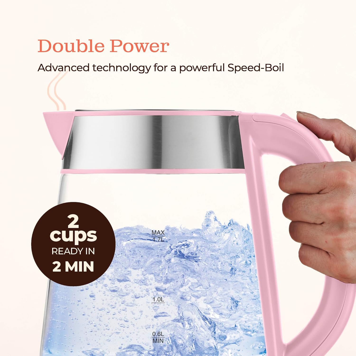 Speed-Boil Electric Kettle For Coffee & Tea - 1.7L Water Boiler 1500W, Borosilicate Glass, Easy Clean Wide Opening, Auto Shut-Off, Cool Touch Handle, LED Light. 360° Rotation, Boil Dry Protection