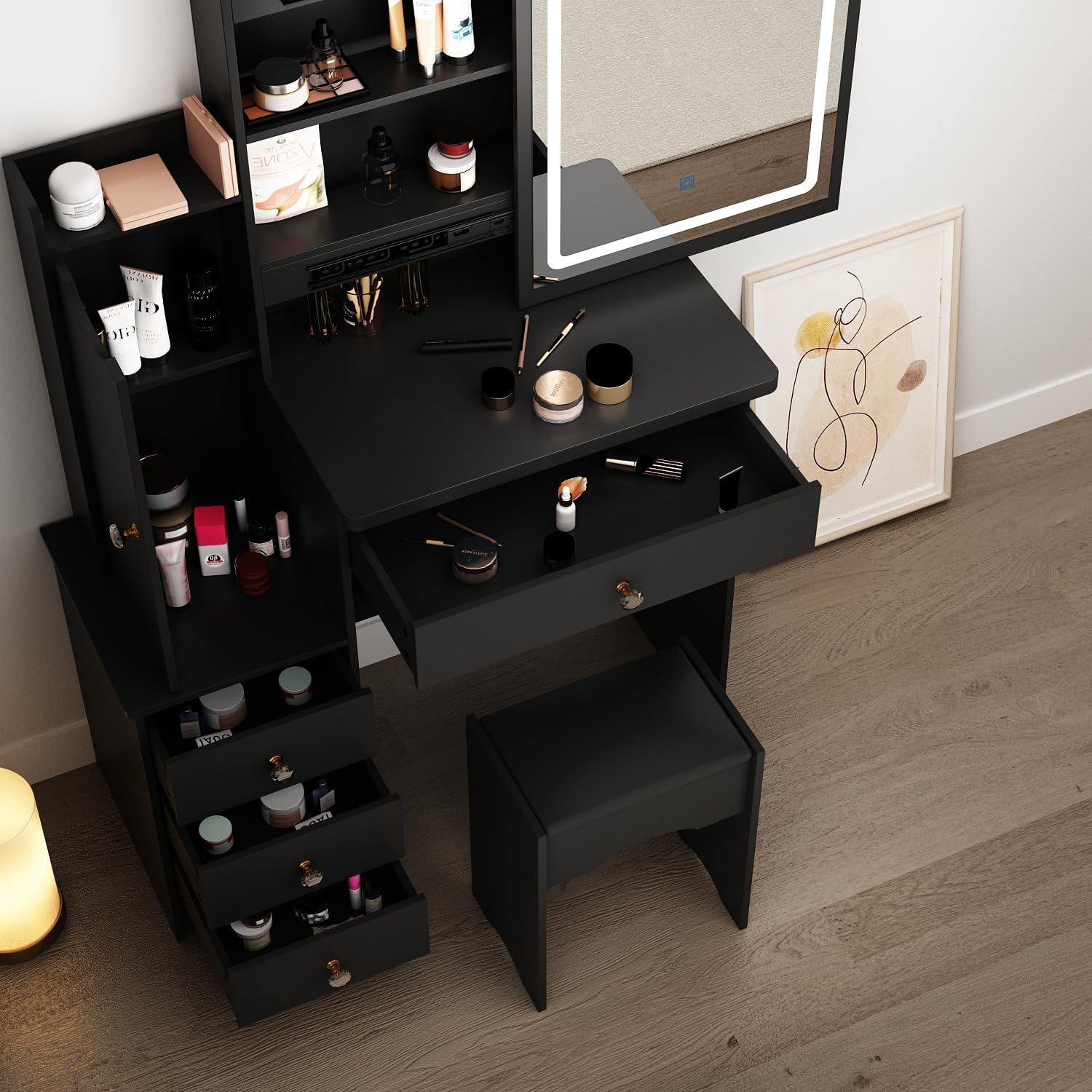 PREMTURE Dressing Table with LED Lighting, Cosmetic Table with Open Shelf and 4 Drawers, Dressing Table with Stool, Dressing Tables, Large Storage Space, MDF, 90 W x 40 D x 135 H cm