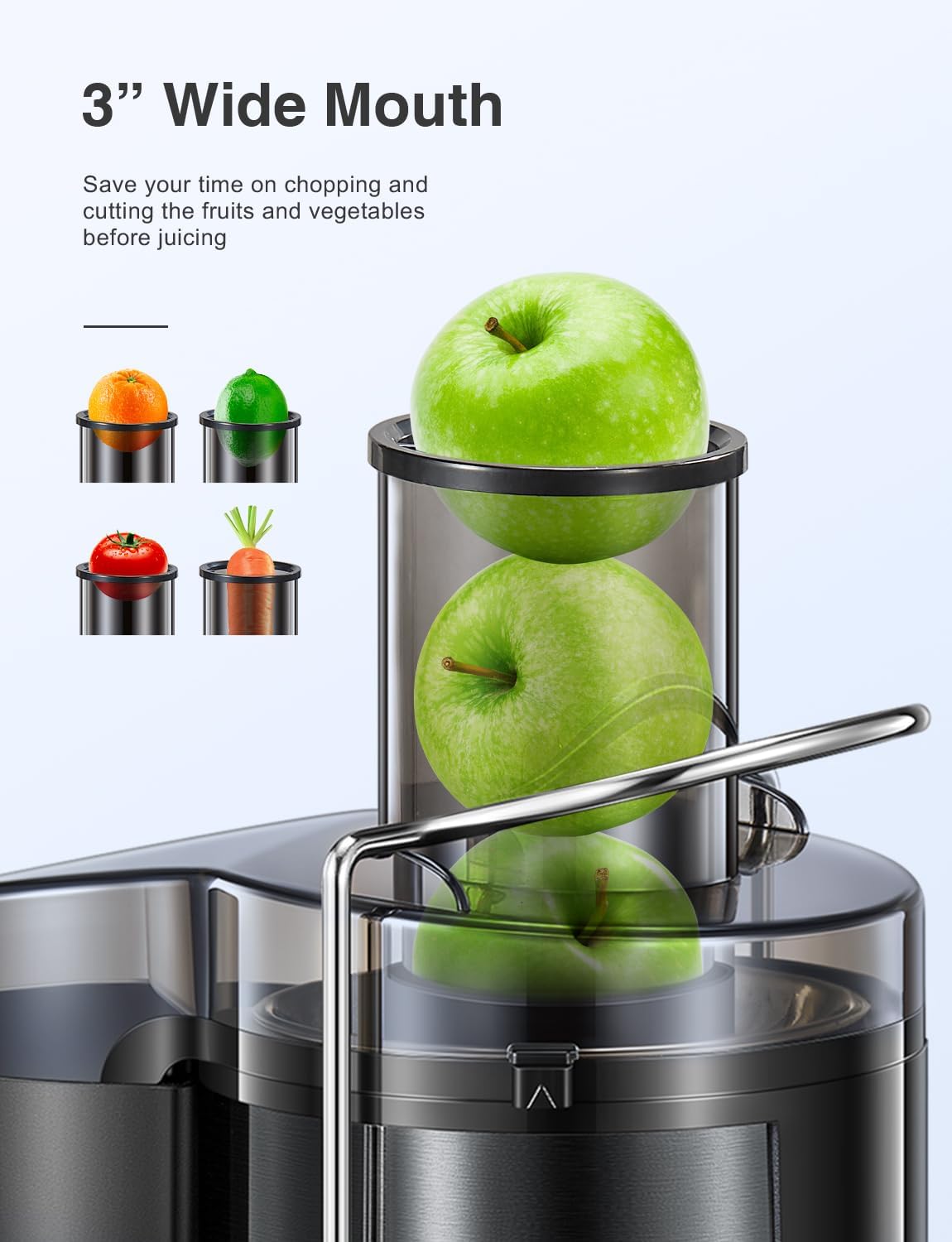 Qcen Juicer Machine, 800W Centrifugal Juicer Extractor with Wide Mouth 3” Feed Chute for Fruit Vegetable, Easy to Clean, Stainless Steel, BPA-free (Black)