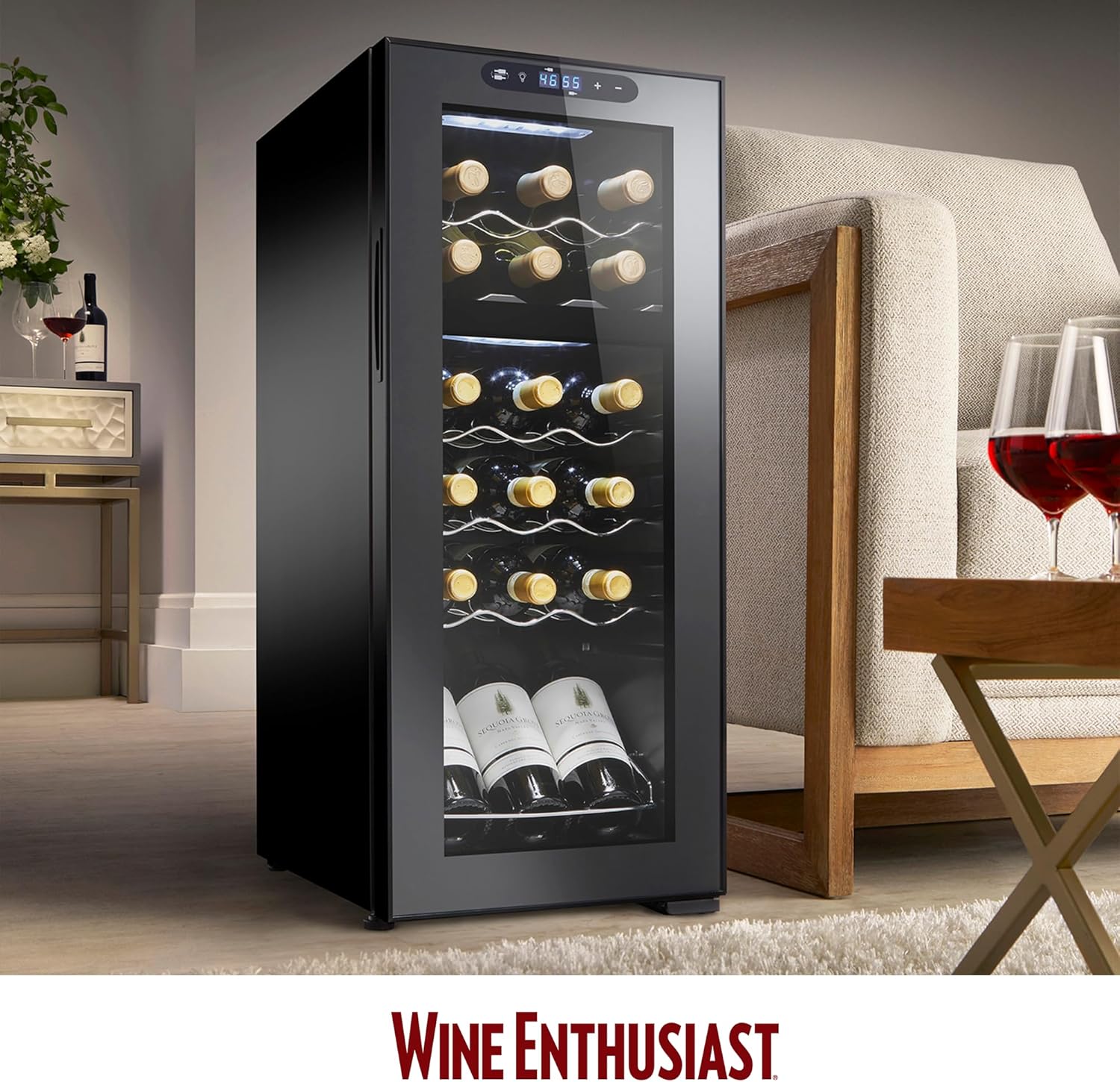 Wine Enthusiast 32-Bottle Dual Zone MAX Compressor Wine Cooler - Freestanding Refrigerator with Split Storage & Temperature, Digital Touchscreen, & LED Display