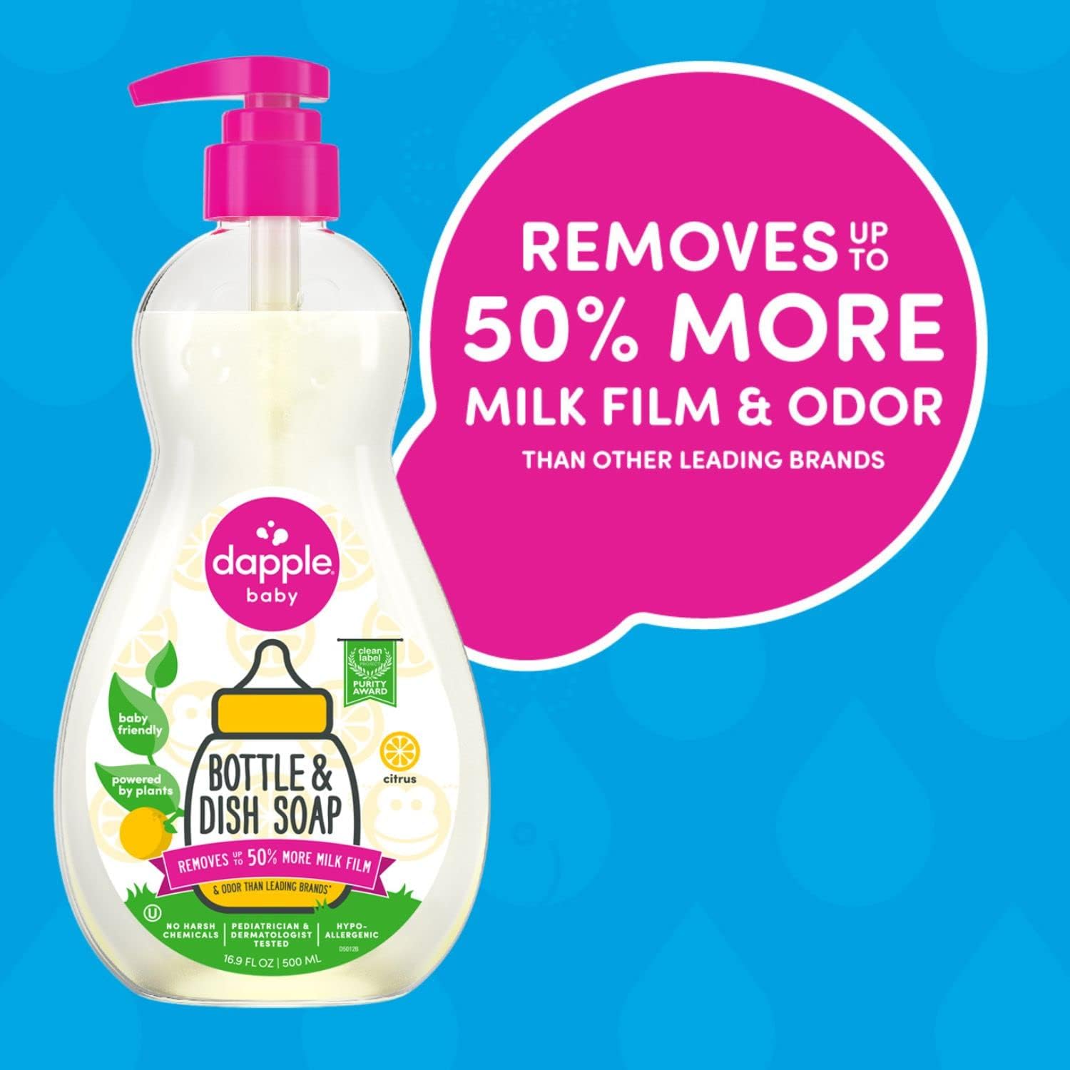 Dapple Baby, Bottle and Dish Soap Dish Liquid Plant Based Hypoallergenic 1 Pump Included, Packaging May Vary, Fragrance Free, 16.9 Fl Oz (Pack of 3)