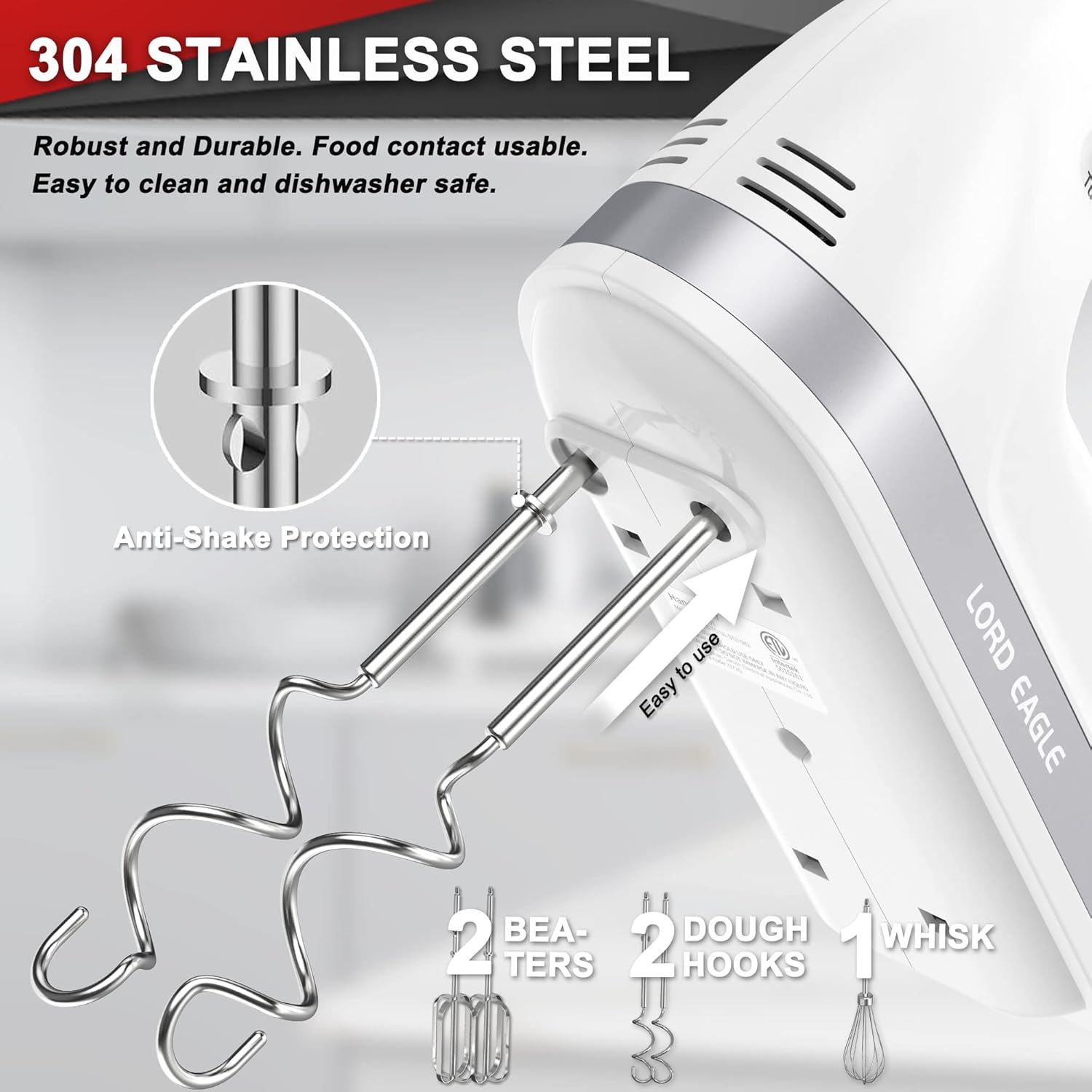 Lord Eagle Hand Mixer Electric, 400W Power handheld Mixer for Baking Cake Egg Cream Food Beater, Turbo Boost/Self-Control Speed + 5 Speed + Eject Button + 5 Stainless Steel Accessories (White)