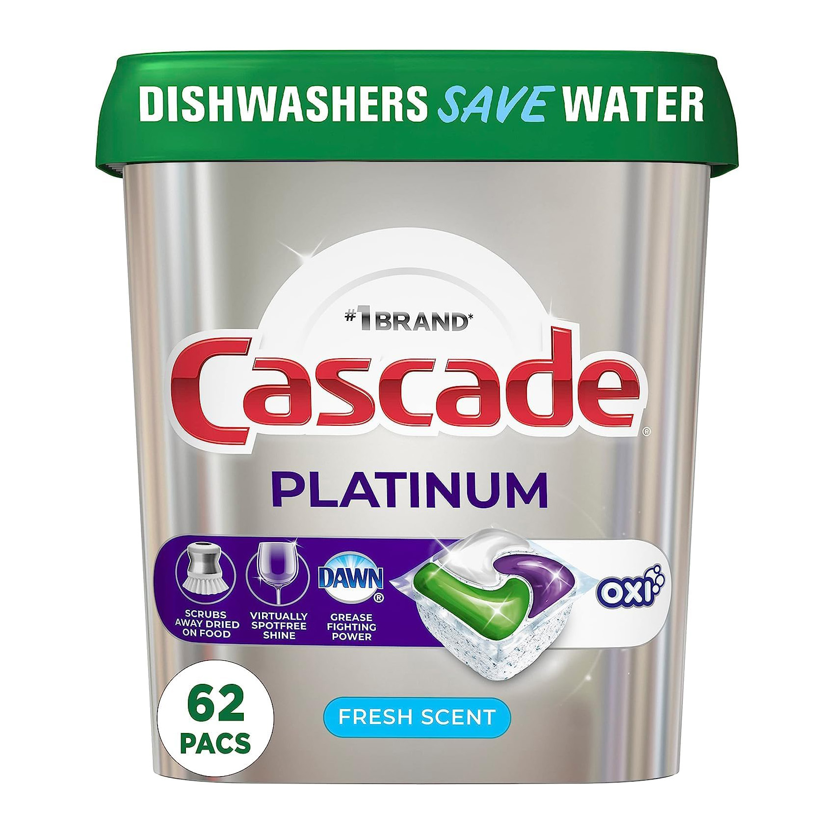 Cascade Platinum Dishwasher Pods, Detergent, Soap Pods, Actionpacs with Dishwasher Cleaner and Deodorizer Action, Fresh, 62 Count