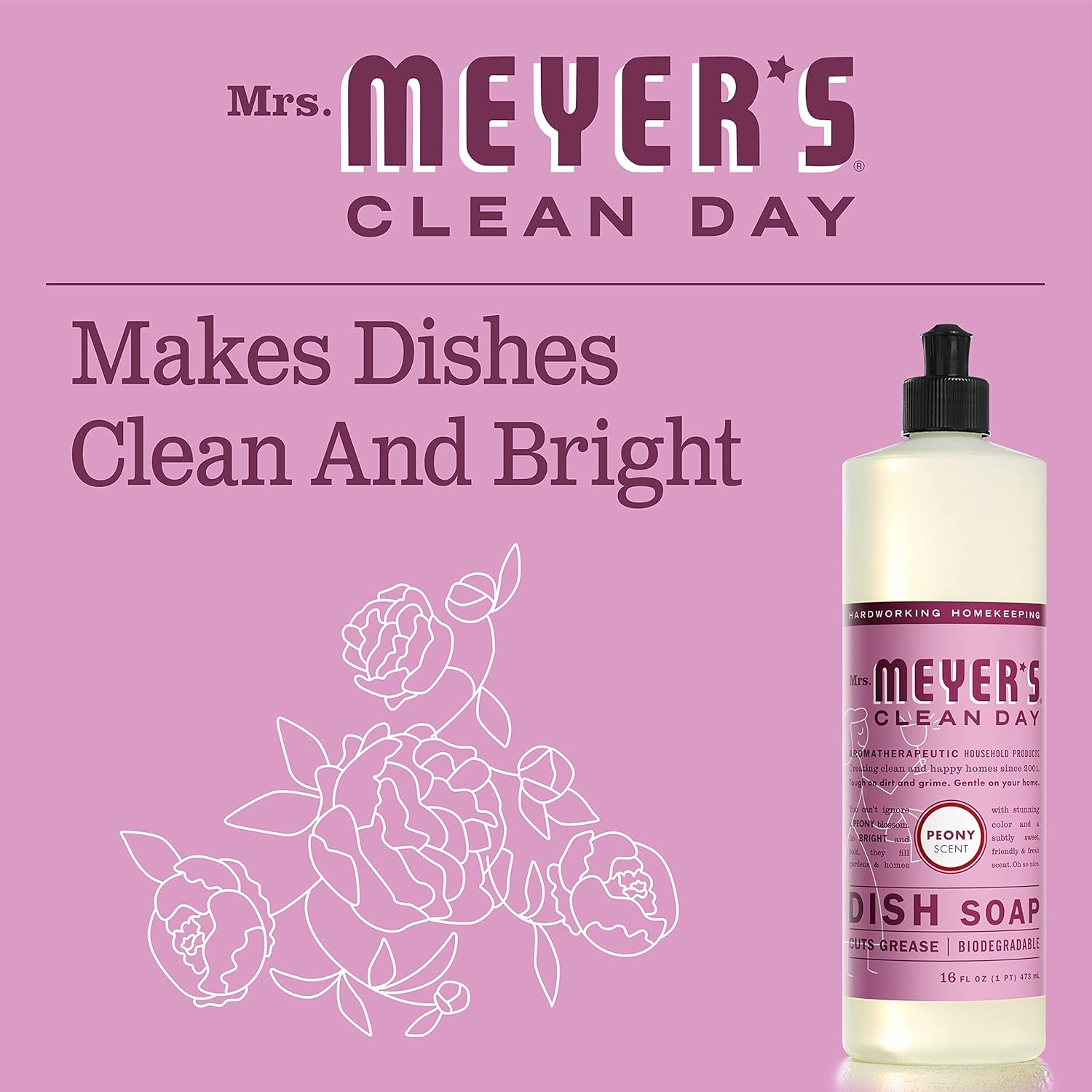 MRS. MEYER'S CLEAN DAY Liquid Dish Soap, Biodegradable Formula, Basil, 16 fl. oz - Pack of 3