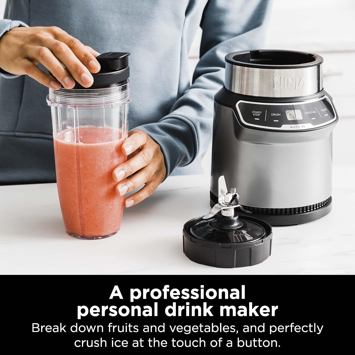 Ninja BN301 Nutri-Blender Plus Compact Personal Blender, 900-Peak-Watt Motor, Frozen Drinks, Smoothies, Sauces & More, (3) 20 oz. To-Go Cups, (2) Spout-Lids (1) Storage-Lid, Dishwasher Safe, Silver