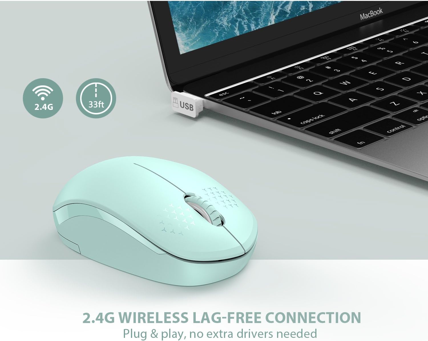 seenda Wireless Mouse, 2.4G Noiseless Mouse with USB Receiver - Portable Computer Mice for PC, Tablet, Laptop with Windows System - Mint Green