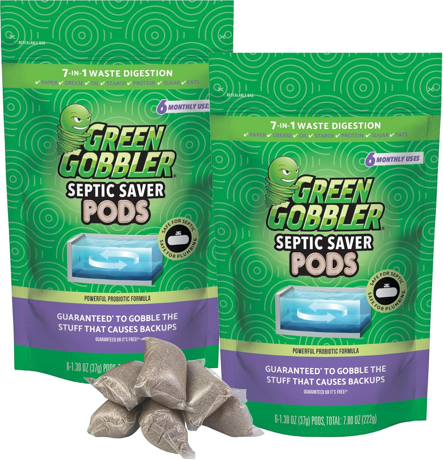 Green Gobbler Septic Tank Treatment Packets, 6 Month Supply - Natural Bacteria to Prevent Costly Septic Issues, Back-Ups, Pod: Color May Vary