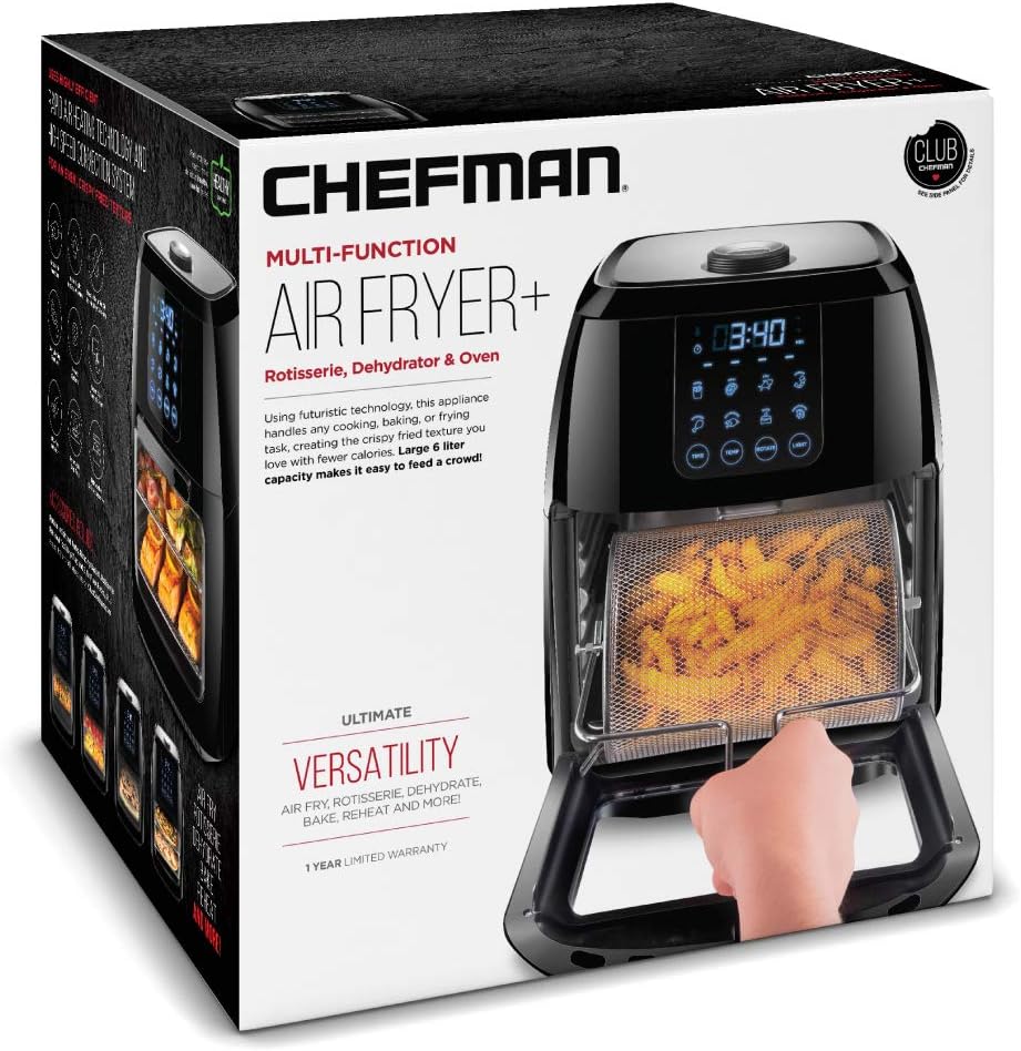 CHEFMAN Multifunctional Digital Air Fryer+ Rotisserie, Dehydrator, Convection Oven, 17 Touch Screen Presets Fry, Roast, Dehydrate, Bake, XL 10L Family Size, Auto Shutoff, Large Easy-View Window, Black