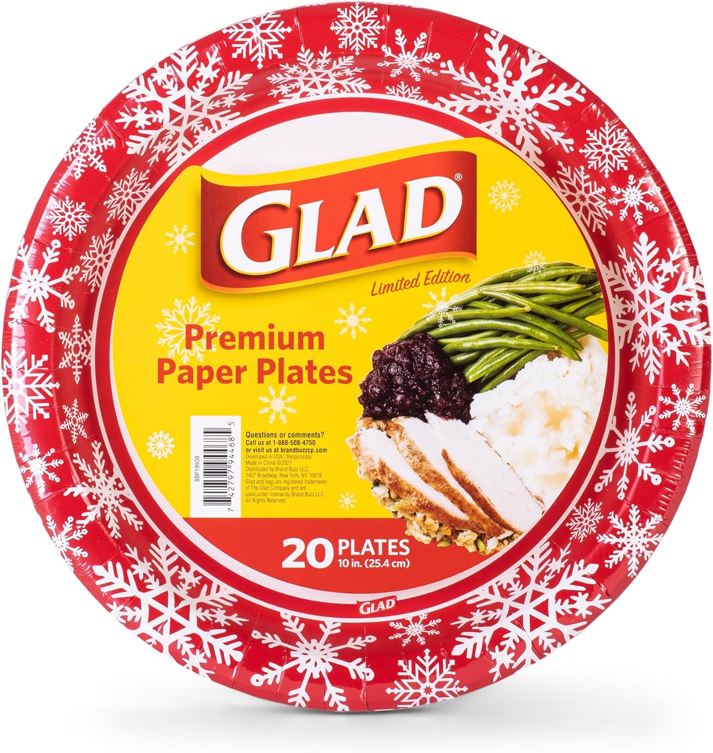 Glad Disposable Holiday Paper Plates, 10 Inch, 20 Count - Red Snowflake Design, Heavy Duty and Microwavable