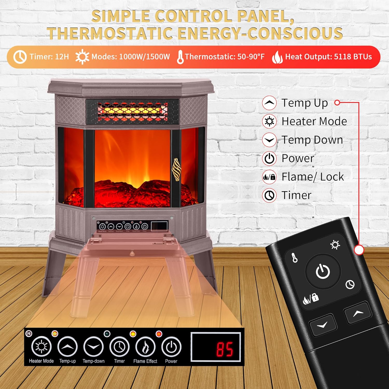 RealSmart Electric Fireplace Heater 22 in Freestanding Fireplace Stove Infrared Fireplace with 3D Flame Effect Remoted Control, Timer, Overheating Protection (Gray)